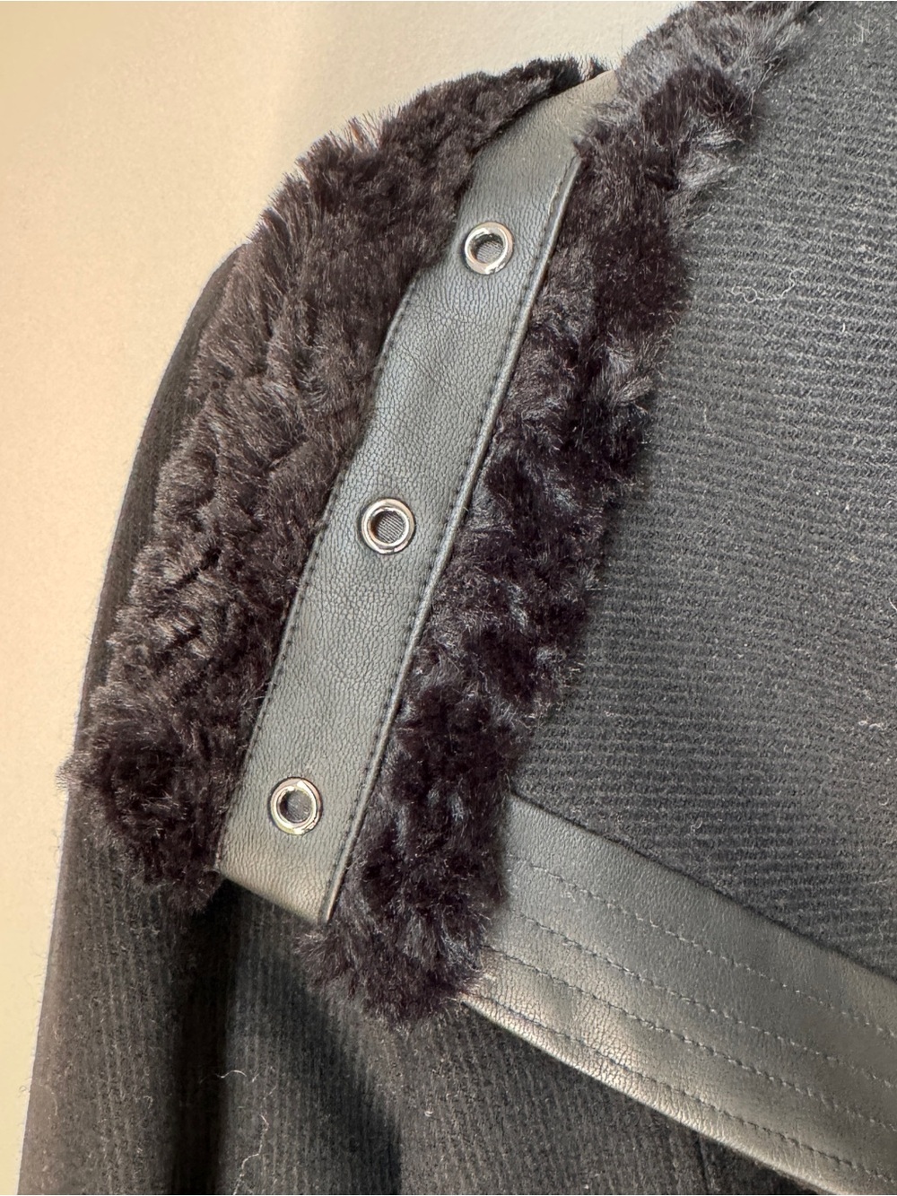 GUESS Black Belted Trench Coat with Faux Fur Trim and Leather-Look Accents - Picture 3 of 6